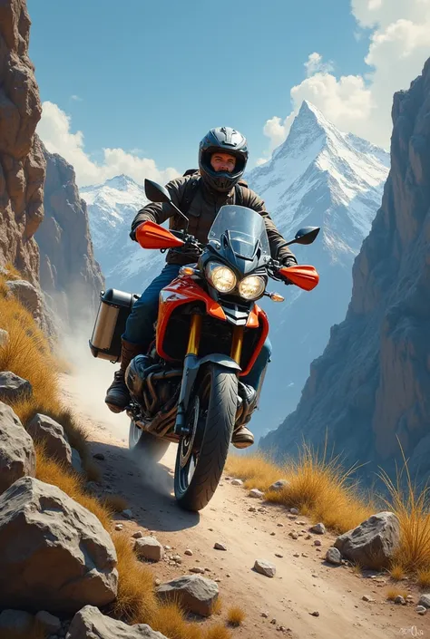 A painting of a man wearing a helmet driving an adventure touring motorcycle with a suitcase next to a car climbing the mountain with difficulty
