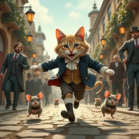 a cat in Victorian clothes runs away from mice in town
