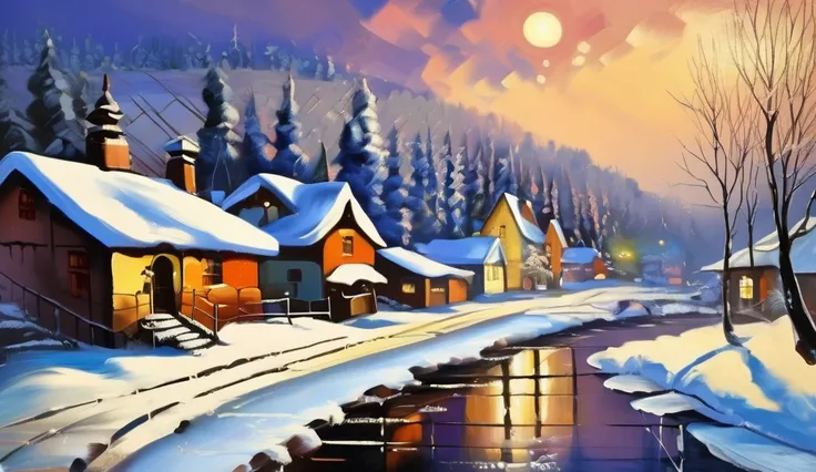 snowy village oil piainting 5tone cool light 