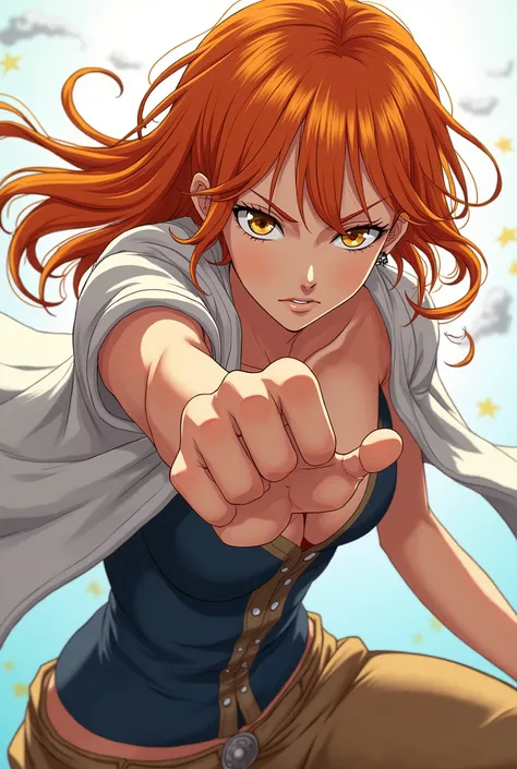 Nami from One Piece pose in 4 with her face looking at me anime style