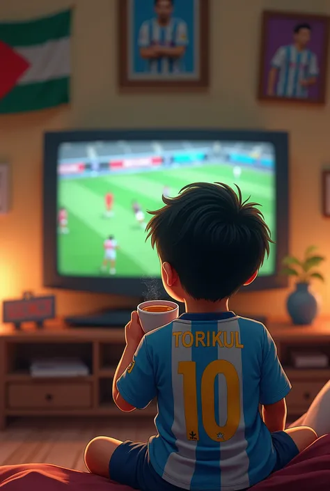 A  boy with tea in hand wearing a   
Barcelona Argentina football team jersey with his name "torikul" and jersey 𝐓𝐎𝐑𝐈𝐊𝐔𝐋"10" watching Argentina football team play on TV. On the wall will be the flag of Bangladesh and pictures of "Messi" and 