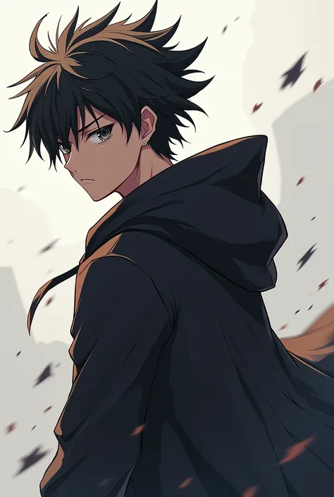 A teenage male anime wearing cloak, spiked hair, back and front view