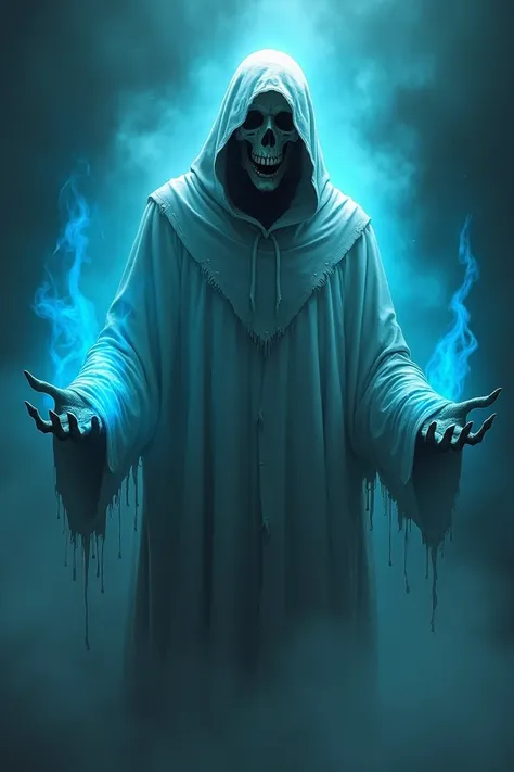 Create an image of a ghostly figure with a terrifying, skeletal face and sharp teeth, wearing a torn white hooded cloak. The figure is standing in a dark, misty environment, with glowing blue smoke swirling around it. Its hands are raised in an aggressive,...