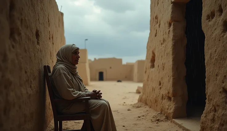 A Arabian woman thinking position growing up in difficult circumstances. The woman is sitting on the chair in the mud house, surrounded by a barren, dry landscape. He wears simple, worn-out clothes and gazes into the distance with a mix of resilience and h...