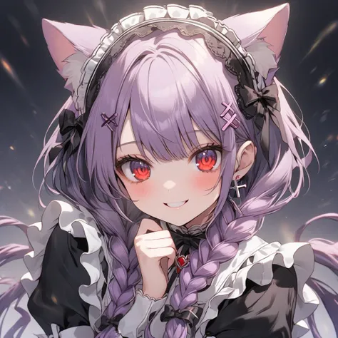 An aesthetic nightmare、 pretty girl、 give a soft impression, 1 girl, Purple Hair、 low twin tails, braids 、 woven 、 smiles,  red eyes,  Maid Head Accessories, Maid Clothes Lace Pattern Cat Ears 、 cross accessories 　hairpin