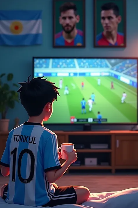 A 16-year-old boy with tea in hand wearing a Argentina  football team jersey with his name "𝐓𝐎𝐑𝐈𝐊𝐔𝐋" and jersey 𝐓𝐎𝐑𝐈𝐊𝐔𝐋 "10" watching Argentina football team play on TV. On the wall will be the flag of Bangladesh and pictures of "Messi" and "Neymar".