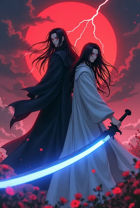 Two 30-year-old Japanese men with the same face ,2 men with long black hair , a man in a black robe and a man in a white robe ,The sky is red,Lightning strikes,The man in the white robe wields a very large grim reapers scythe ,Attack an invisible enemy wit...