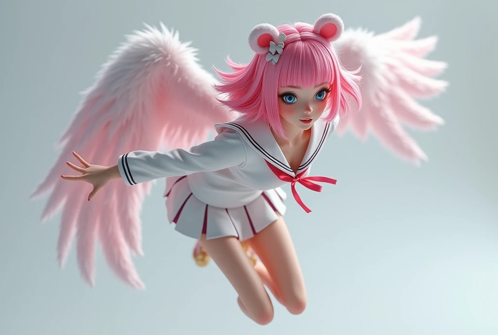 Ski style , 1girl,  solo , Photo realistic style CG ,  Pink Hair,  animal ears , blue eyes,  wings swinging at high speed , fly in the air, Looking from below the girl ,  is themed with high heels on girls feet,  staring into the eyes of the viewer , mole,...