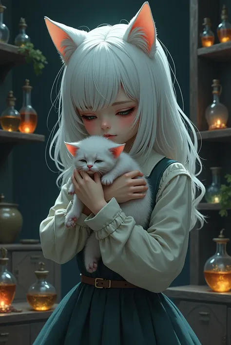 a white-haired teenager with sad cat ears hugging her dead kitten in a room with potions and magic
