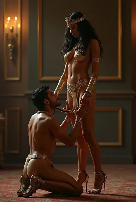 Sexy Cleopatra in latex with stilettos dominates a submissive man on the ground on all hands and knees while holding him on a leash 