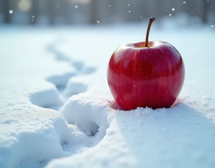 Realistic, theme is "footprints in the snow", ultra close-up, footprints on the snow and a bright red apple, enjoy the contrast between the details of the apple and the footprints in the snow, sophisticated design, advanced lighting technology, real photo ...