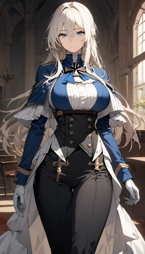 (best quality:1.3), (masterpiece:1.3), (illustration:1.3), (ultra-detailed:1.3), absurdres, 1girl, white hair, solo, (large_breasts:1.2), tall, mature, long hair, black_pants, blue_eyes, (violet_evergarden:0.4), tsurime, black_coat, cowboy_shot, mid_shot, ...