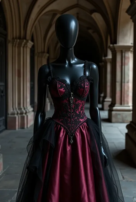 The image features a striking full-length photo of a black mannequin adorned in an exquisite female Gothic costume, characterized by a rich Bordeaux color. The bodice, crafted from luxurious burgundy satin, is layered over intricate black lace, creating an...