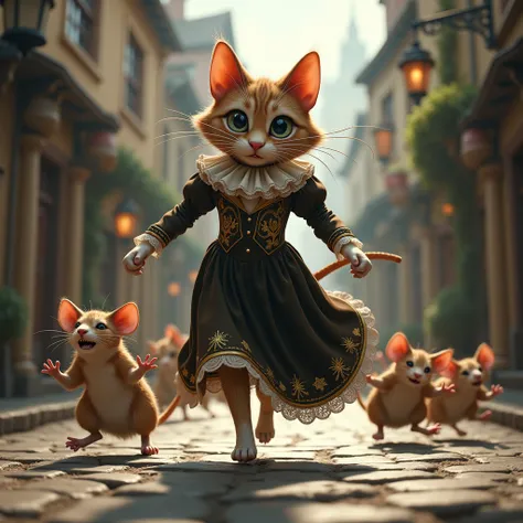 a cat in a Victorian dress runs away from evil mice in town