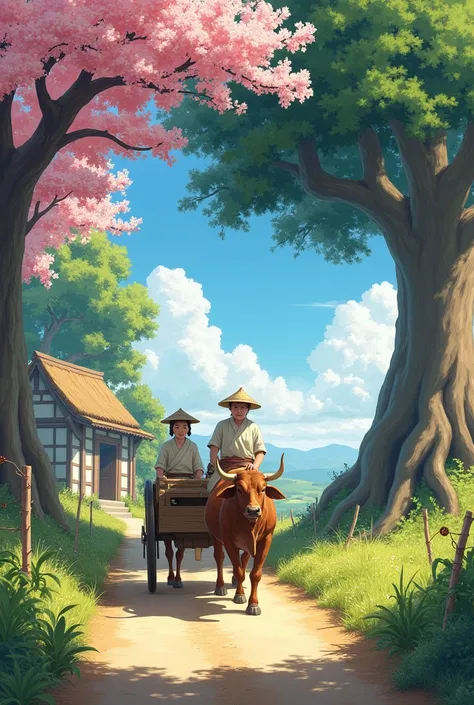 A serene rural scene depicting two individuals in a traditional ox cart traveling along a dusty pathway. The background showcases vibrant flowering trees with pink blossoms under a bright, clear blue sky. The right side of the image prominently features a ...