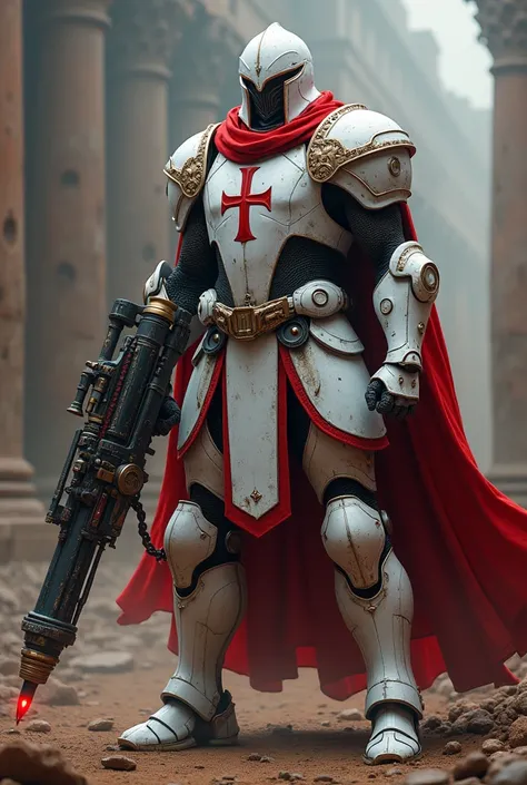 A formidable Templar Cyborg Warrior standing tall in an intimidating pose, with his right arm replaced by a colossal blaster cannon. The cyborgs white, heavily-armored torso and shoulders are adorned with ancient Templar insignias in stark red, which contr...