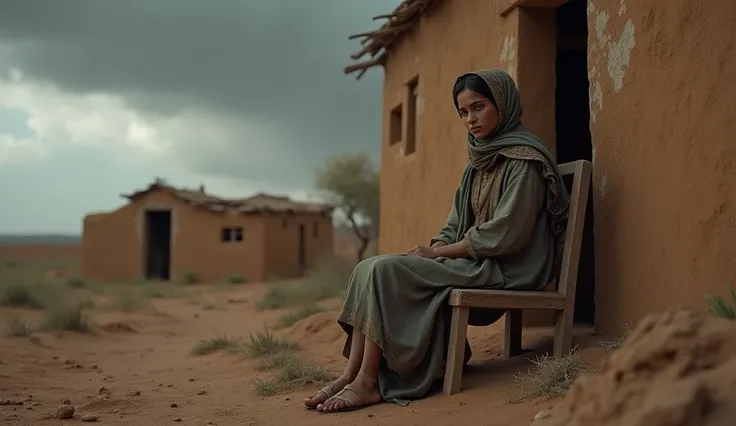 A 3d 30 year Arabian woman thinking position front view growing up in difficult circumstances. The woman is sitting on the chair in the mud house, surrounded by a barren, dry landscape. He wears simple, worn-out clothes and gazes into the distance with a m...