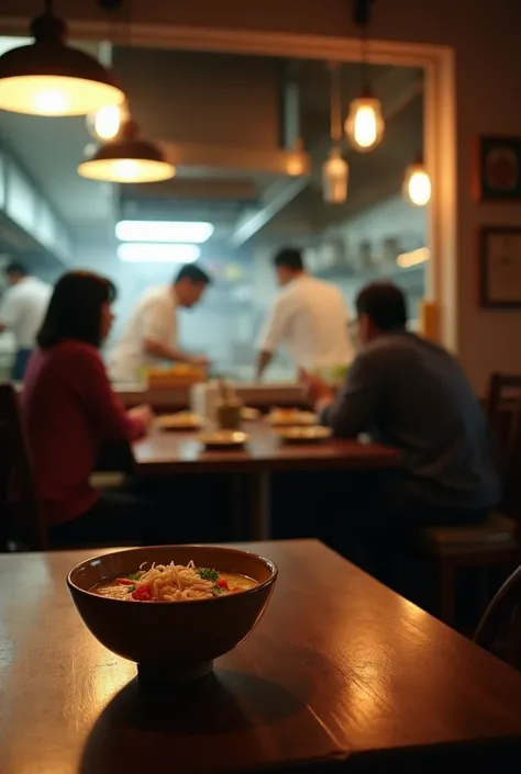  cinematic portrait of the dining room kitchen view from the visitors table, seen on the table there is a bowl of pot filled with sop , In the kitchen of the restaurant padang jakarta where visitors are framed 