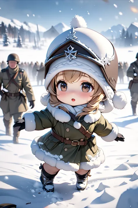 a beautiful detailed digital painting of a winter war landscape, a tiny chibi german soldier walking alone in the snowy battlefield, snow crystals beautifully dancing in front of the camera, (masterpiece, best quality, 4k, 8k:1.5), extremely detailed, hype...