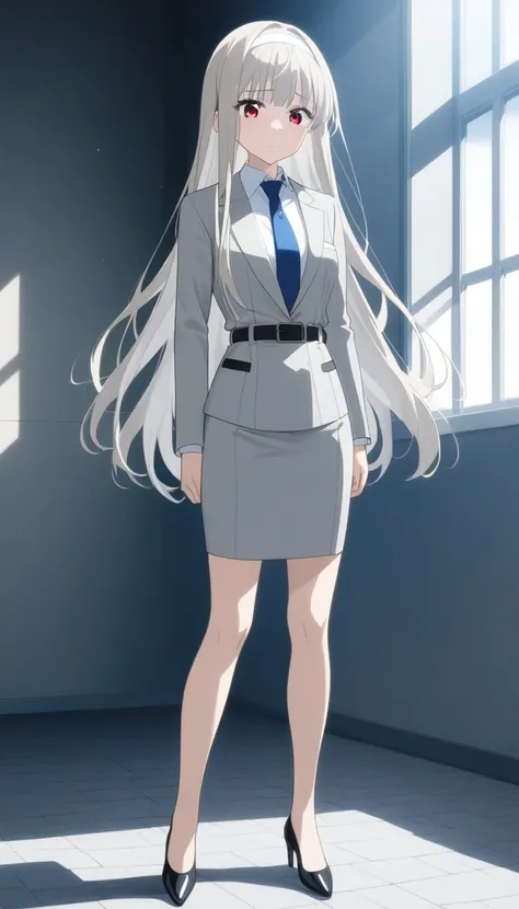 Mizuho Yuki、Brown Hair、 long hair、bangs、White hair band、sad face 、Red Eyes、 full body style that reflects your whole body、Normal milk、 narrow waist 、Bare legs、 in a suit、Grey Xin jacket, collared shirt 、 white shirt、 blue tie,belt,Grey Tight Skirt, black t...