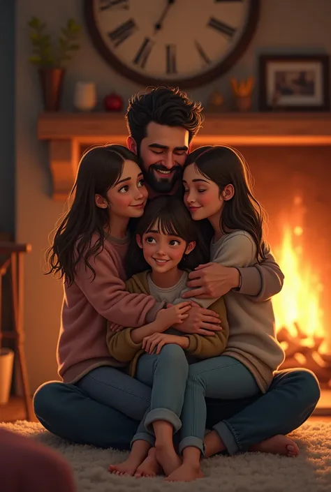 a father hugging his 3 teenage daughters by the fireplace