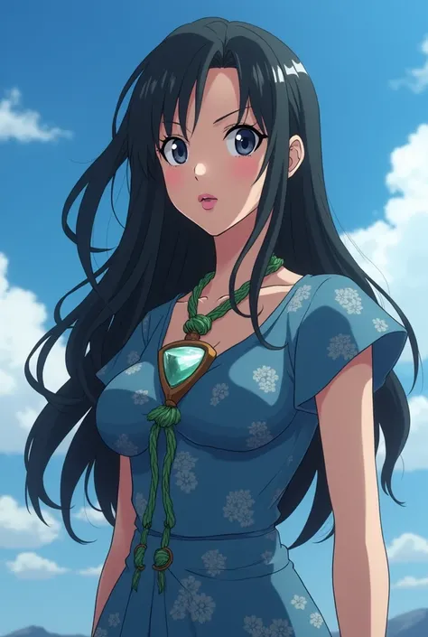 Anime style screenshot, drsgon ball Z style.
20-year-old woman, WITH LONG wavy black hair, black eyes, pink lips, slim appearance, dressed in a blue flowered dress and brown sneakers. Looking at the horizon with concern. It has a pink prism-shaped necklace...