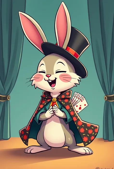 Create a funny illustration that says stand up magic and has a funny rabbit hiding poker cards.