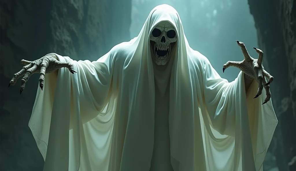 "A ghostly figure draped in a white, flowing robe with a haunting skeletal face. The face has jagged teeth, hollow dark eyes, and cracked pale skin. The figures hands are clawed, with long, sharp fingers raised as if in an aggressive or threatening manner....