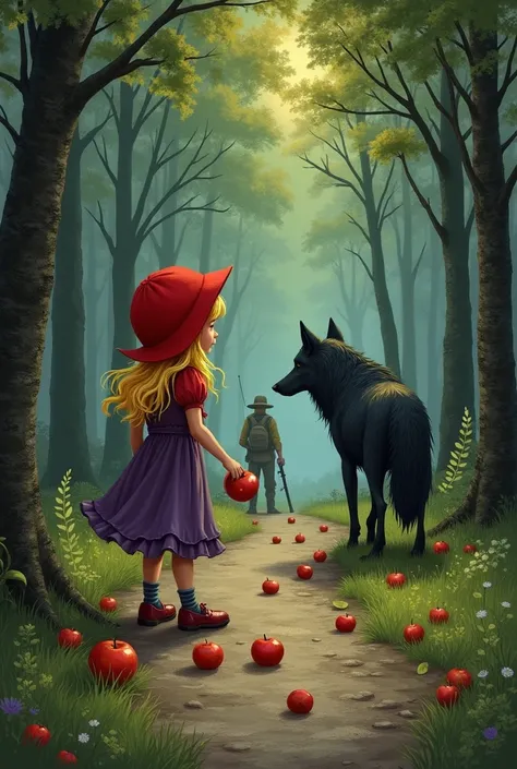 On the road in the depths of the forest, the girl with the red hood is picking apples, while the wolf standing behind the back looks at her from behind the tree, the hunter is waiting with a gun behind the wolf ,  red cap girl with hair yellow top dress pu...