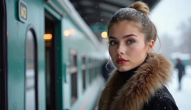 a close up photo of a beautiful eurasian/mongolian woman, dark brown eyes, very pretty,slim, cruel look,  aged 35, lipstick,  buxom, badly dyed blonde hair in chignon, stylishly and smartly dressed for a  winter train journey, standing at snowy train stati...