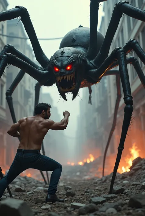 "An intense scene of a furious human and a massive, equally enraged spider standing face-to-face in a destroyed city. The human is in a combative stance, muscles tensed, with a fierce expression. The spider, towering with sharp legs and glowing eyes, is in...