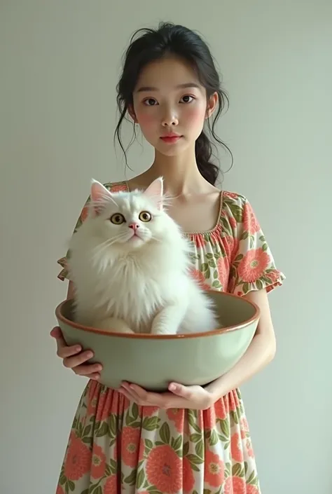   facing straight wearing a short floral dress, Carrying a beloved animal, a large angora cat walks in a ceramic bowl 