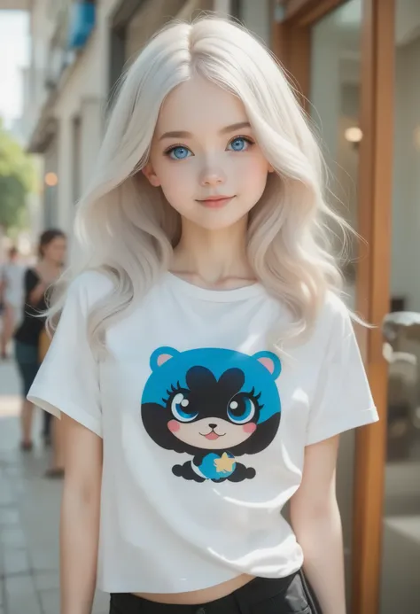 (Ultra-detailed skin), pale skin, (Ultra-fine hair),(Very soft hair),(Super Straight hair:1.5), young girl, black, hair on one eye , blue eyes, very cute, black, Straight, Silky smooth long length white t-shirt (Up to the thighs), medium chest 、 whit...