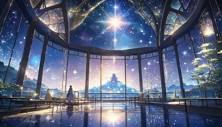 The background features a serene space landscape with stars and gentle light rays, evoking peace and harmony. The overall atmosphere is mysterious and awe-inspiring. Japanese anime style, beautiful glass buildings are visible, the Pleiades star town is cha...