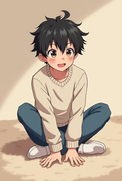 A cute embrassed teenage boy is sitting on the carpet in a white fluffy sweater, thin jeans, white socks, his hands are on the floor, with his legs spread out in different directions, sparkling eyes, raised eyebrows, stifled laugh, anime