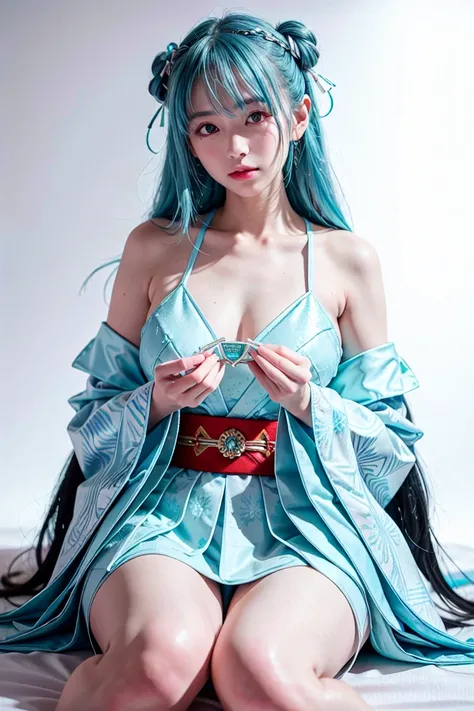 A hyper-realistic, highly detailed, and high-resolution (16k) image of a young, beautiful girl. She wears a futuristic reinterpretation of the traditional Japanese juunihitoe ( 12 single), featuring intricate holographic patterns and metallic accents. The ...