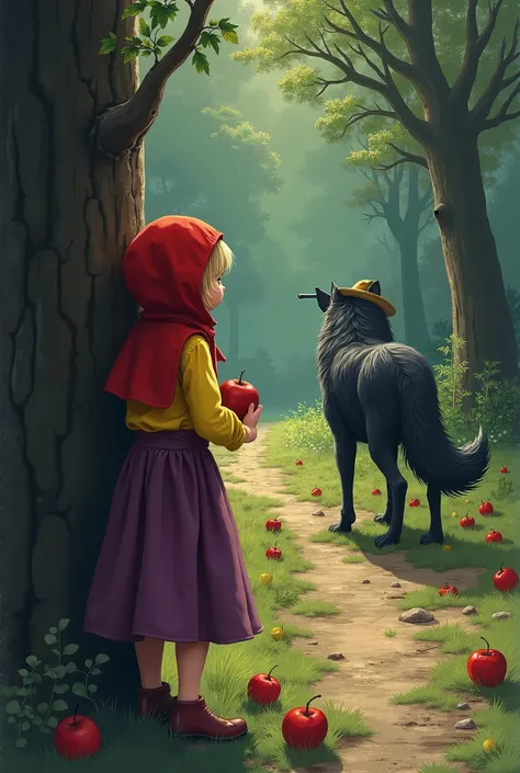 On the road in the depths of the forest, the girl with the red hood is picking apples, while the wolf standing behind the back looks at her from behind the tree, the hunter waits behind the wolf, aiming a gun at her. ,  red cap girl with hair yellow top dr...