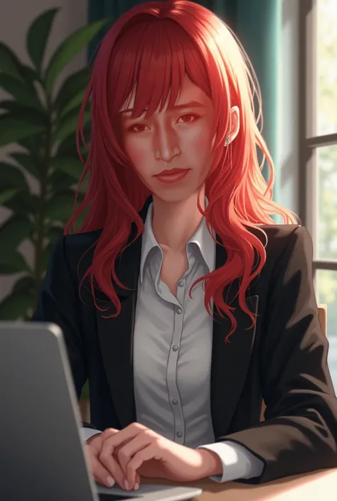 A beautiful girl looking into my eyes,  sitting at a desk where there is a laptop with her hands on the desk,  with long loose hair, red and semi-wavy , with clear eyes,  with black bleizer and white shirt , 