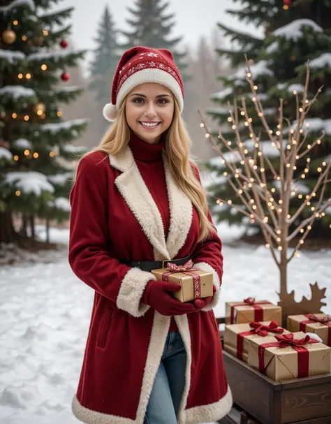 
“Ultra-realistic 8k image, a gorgeous blonde woman outdoors in a snow-covered forest, dressed in a chic red wool coat with white fur trim and a matching Santa-style hat. She stands beside a rustic wooden sleigh filled with wrapped presents, holding a beau...