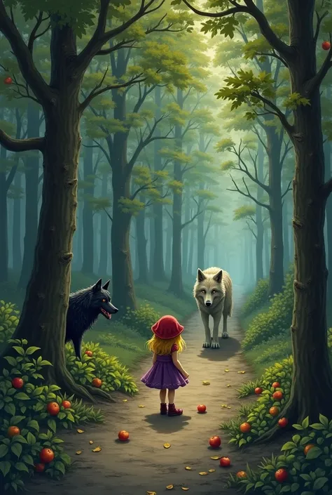 On the road in the depths of the forest, the girl with the red hood is picking apples while the wolf standing behind the back is looking at her insidiously from behind the tree 3 hunters waiting with a gun pointed at her with a gun behind the wolf ,  red c...