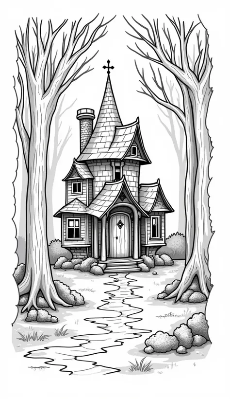 (((fantasy style))), ((mystery house)), in a mystical forest, 
from below, white and black, coloring book for s, simple, adult coloring book, no detail, outline no color, fill frame, edge to edge, clipart white background