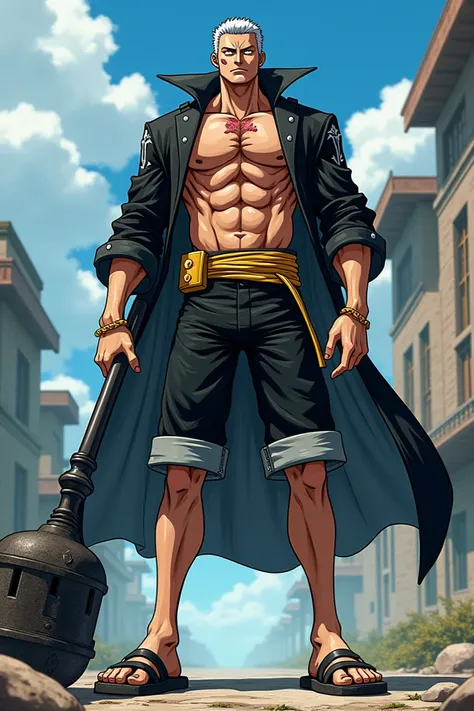 Slick Back Platinum Hair, 17, Is 81, Uses a Iron Club, Scar on Chest, No Shirt, Uses Black and Grey jacket as a cape on his shoulders, Black And grey Shorts, Sandals, Yellow Belt on my stomach.
Made in Odas One Piece Anime style