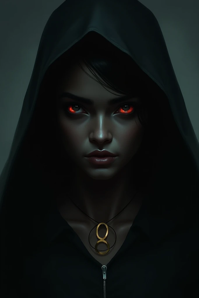 Covert art of a dark woman with figure 8 in a dark room 