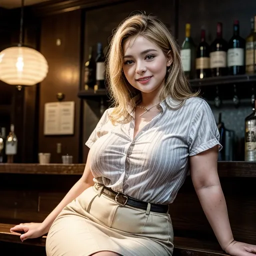 masterpiece, realistic, at a bar, cute european woman, ((plus size)), thick, office outfit , short, light blond hair, smiling, sitting at a bar