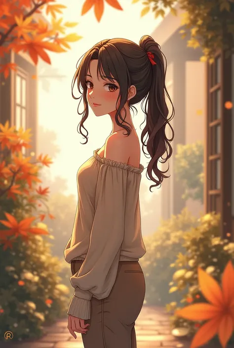 Black and white, 2d anime style, beautiful girl, wearing fall season loose off-shoulder top, cozy pants, long curly ponytail hair, outdoors, soft lighting, falls season, plants in background, cozy room, relaxed pose, intricate details 