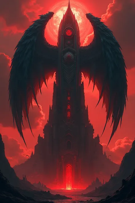 Demonic infernal tower high detailed covered in fallen black angelic wings 