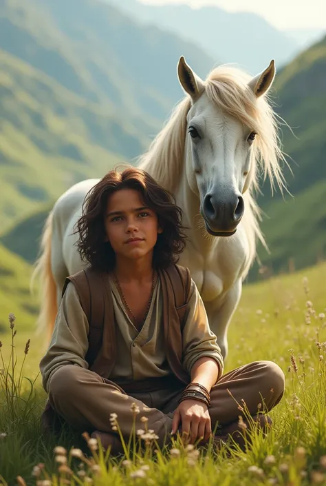 A young boy with long brown hair and a small brown beard, wearing old clothes, sitting in the valley with his white horse 