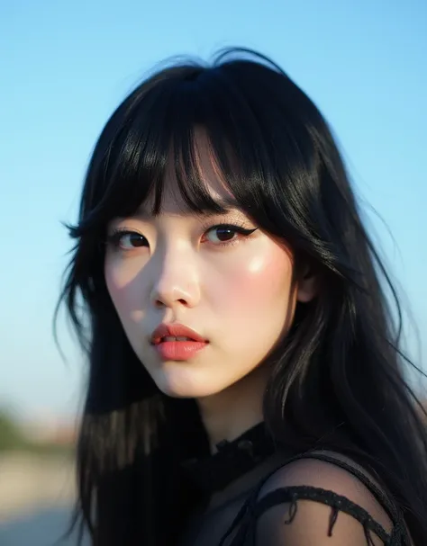 heavy bangs, straight black hair, heavy eye make-up, natural color lip, porcelain white skin, looking at camera, Blue sky, lit by soft light,Ulzzang Makeup, ほほえみ