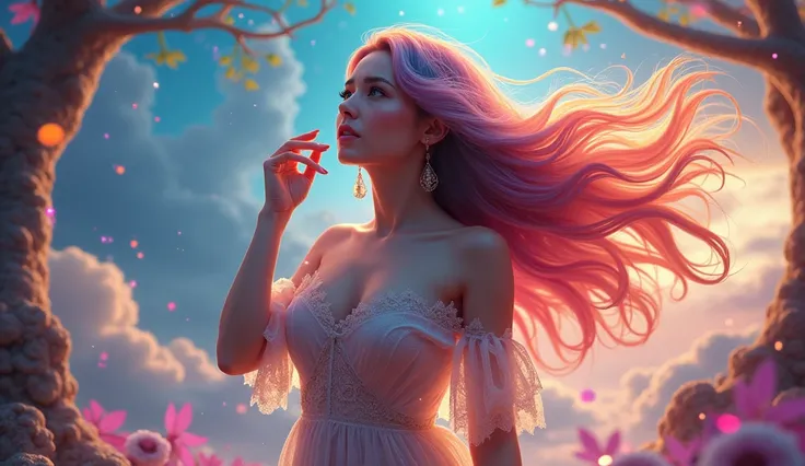 Extreme realism in a complex, highly detailed composition featuring a beautiful voluptuous woman with flowing rainbow-colored hair. The glowing background, with its vibrant colors, exaggerated details, intricate textures, and dynamic lighting, creates a wh...