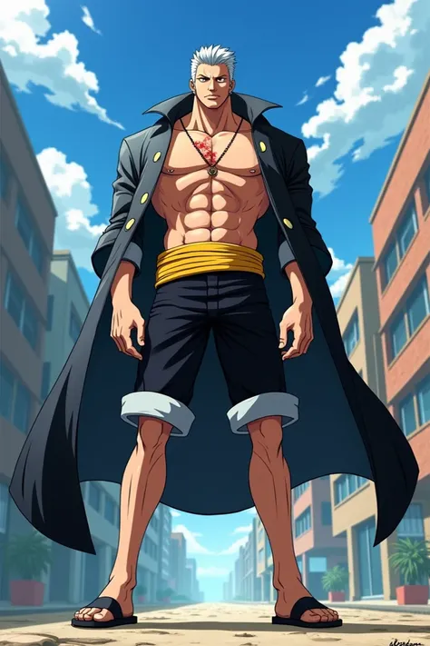 Slick Back Platinum Hair, 17, Is 81, Uses a Iron Club, Scar on Chest, No Shirt, Uses Black and Grey jacket as a cape on his shoulders, Black And grey Shorts, Sandals, Yellow Belt on my stomach.
Made in Odas One Piece Anime style (HE ISNT wearing a jacket l...